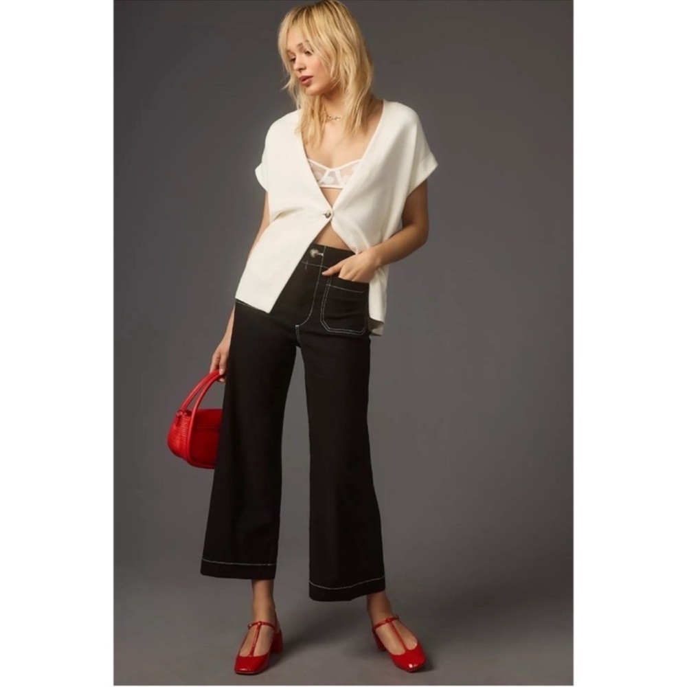 Anthropologie Maeve Colette Black Contrast Stitch Wide Leg Pants Size 28